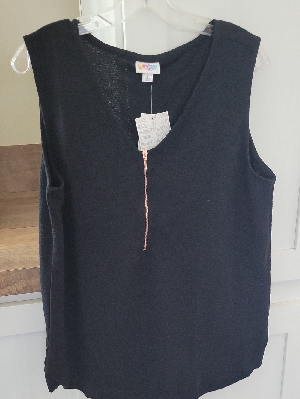 LuLaRoe Black V-Neck Sleeveless Tank with Rose Gold Zip